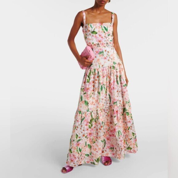 AGUA BY AGUA BENDITA Lima Jardiniera Tiered Floral Linen Maxi Dress - Picture 1 of 11